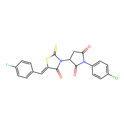 1-(4-chlorophenyl)-3-[(5Z)-5-[(4-fluorophenyl)methylidene]-4-oxo-2-sulfanylidene-1,3-thiazolidin-3-yl]pyrrolidine-2,5-dione structure