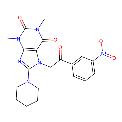 1,3-dimethyl-7-[2-(3-nitrophenyl)-2-oxo-ethyl]-8-(1-piperidyl)purine-2,6-dione structure