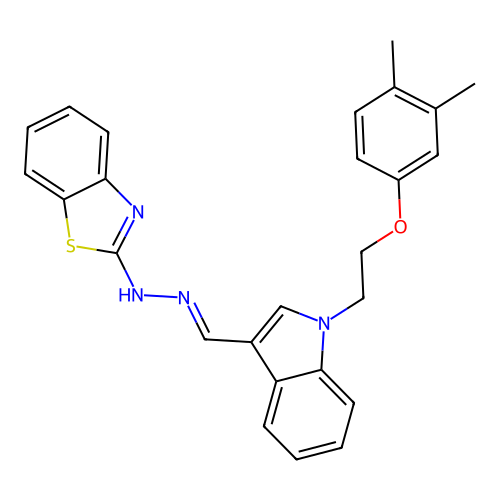 N-[[1-[2-(3,4-dimethylphenoxy)ethyl]indol-3-yl]methylideneamino]benzothiazol-2-amine structure