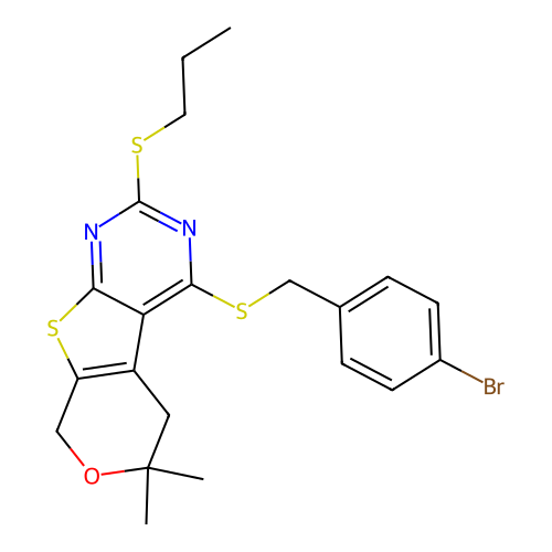 4-((4-bromobenzyl)thio)-6,6-dimethyl-2-(propylthio)-6,8-dihydro-5H-pyrano[4',3':4,5]thieno[2,3-d]pyrimidine structure