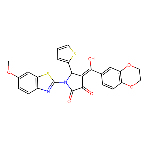 (4E)-4-[2,3-dihydro-1,4-benzodioxin-6-yl(hydroxy)methylidene]-1-(6-methoxy-1,3-benzothiazol-2-yl)-5-(thiophen-2-yl)pyrrolidine-2,3-dione structure