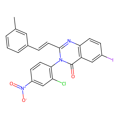 (E)-3-(2-chloro-4-nitrophenyl)-6-iodo-2-(3-methylstyryl)quinazolin-4(3H)-one structure