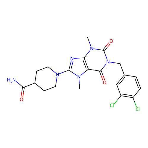 1-(1-(3,4-dichlorobenzyl)-3,7-dimethyl-2,6-dioxo-2,3,6,7-tetrahydro-1H-purin-8-yl)piperidine-4-carboxamide structure