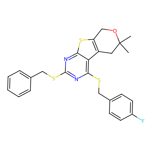 2-(benzylsulfanyl)-4-[(4-fluorobenzyl)sulfanyl]-6,6-dimethyl-5,8-dihydro-6H-pyrano[4',3':4,5]thieno[2,3-d]pyrimidine structure