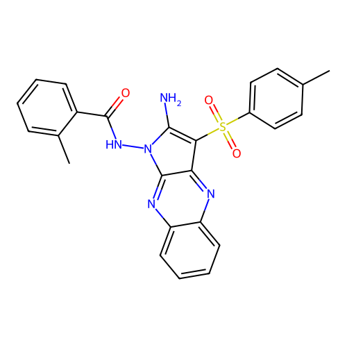N-(2-amino-3-tosyl-1H-pyrrolo[2,3-b]quinoxalin-1-yl)-2-methylbenzamide structure