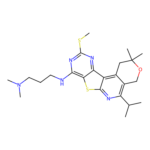 N'-[2,2-dimethyl-10-(methylsulfanyl)-5-(propan-2-yl)-1,4-dihydro-2H-pyrano[4'',3'':4',5']pyrido[3',2':4,5]thieno[3,2-d]pyrimidin-8-yl]-N,N-dimethylpropane-1,3-diamine structure
