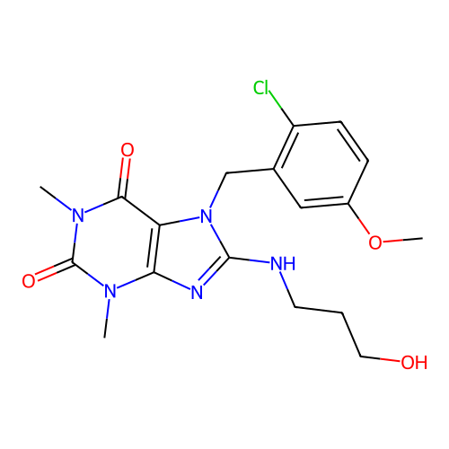 7-[(2-chloro-5-methoxyphenyl)methyl]-8-(3-hydroxypropylamino)-1,3-dimethylpurine-2,6-dione structure