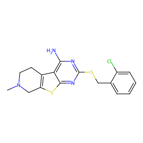 2-((2-chlorobenzyl)thio)-7-methyl-5,6,7,8-tetrahydropyrido[4',3':4,5]thieno[2,3-d]pyrimidin-4-amine structure