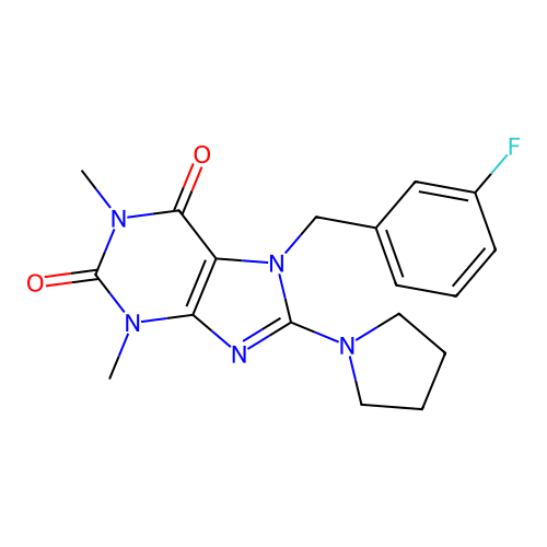 7-[(3-fluorophenyl)methyl]-1,3-dimethyl-8-pyrrolidin-1-ylpurine-2,6-dione structure