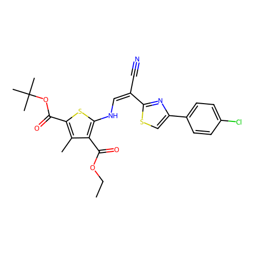 (Z)-2-tert-butyl 4-ethyl 5-((2-(4-(4-chlorophenyl)thiazol-2-yl)-2-cyanovinyl)amino)-3-methylthiophene-2,4-dicarboxylate structure