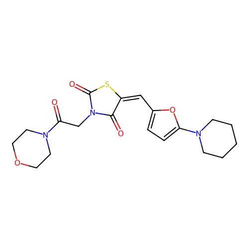 (5E)-3-[2-(morpholin-4-yl)-2-oxoethyl]-5-{[5-(piperidin-1-yl)furan-2-yl]methylidene}-1,3-thiazolidine-2,4-dione structure