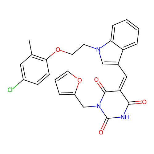 (Z)-5-((1-(2-(4-chloro-2-methylphenoxy)ethyl)-1H-indol-3-yl)methylene)-1-(furan-2-ylmethyl)pyrimidine-2,4,6(1H,3H,5H)-trione structure
