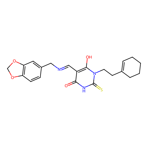 (5E)-5-[(1,3-benzodioxol-5-ylmethylamino)methylidene]-1-[2-(cyclohexen-1-yl)ethyl]-2-sulfanylidene-1,3-diazinane-4,6-dione structure