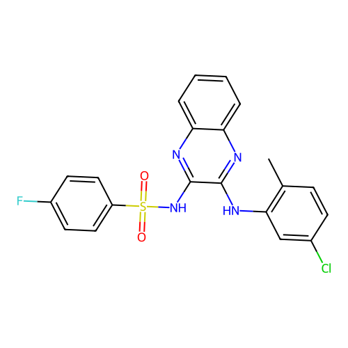 N-(3-((5-chloro-2-methylphenyl)amino)quinoxalin-2-yl)-4-fluorobenzenesulfonamide structure