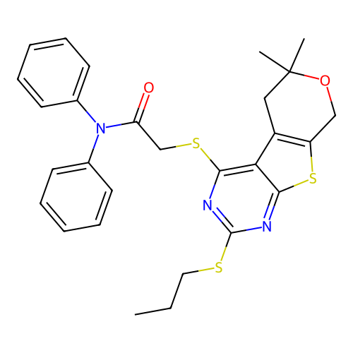 2-((6,6-dimethyl-2-(propylthio)-6,8-dihydro-5H-pyrano[4',3':4,5]thieno[2,3-d]pyrimidin-4-yl)thio)-N,N-diphenylacetamide structure