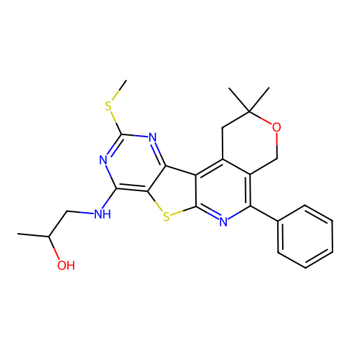 1-((2,2-dimethyl-10-(methylthio)-5-phenyl-2,4-dihydro-1H-pyrano[4'',3'':4',5']pyrido[3',2':4,5]thieno[3,2-d]pyrimidin-8-yl)amino)propan-2-ol structure
