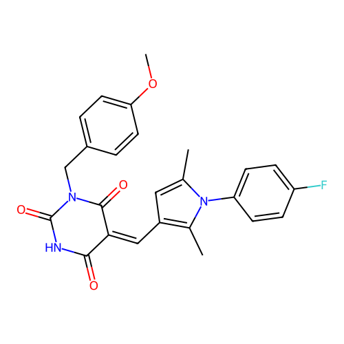 (5Z)-5-[[1-(4-fluorophenyl)-2,5-dimethylpyrrol-3-yl]methylidene]-1-[(4-methoxyphenyl)methyl]-1,3-diazinane-2,4,6-trione structure