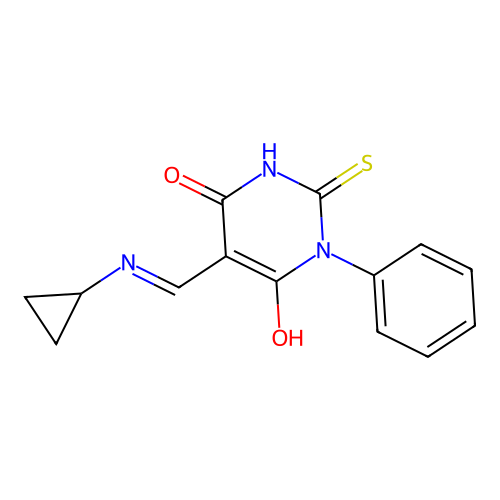 5-[(cyclopropylamino)methylidene]-1-phenyl-2-sulfanylidene-1,3-diazinane-4,6-dione structure