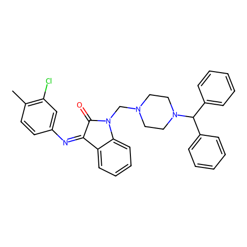 (3Z)-3-[(3-chloro-4-methylphenyl)imino]-1-{[4-(diphenylmethyl)piperazin-1-yl]methyl}-1,3-dihydro-2H-indol-2-one structure