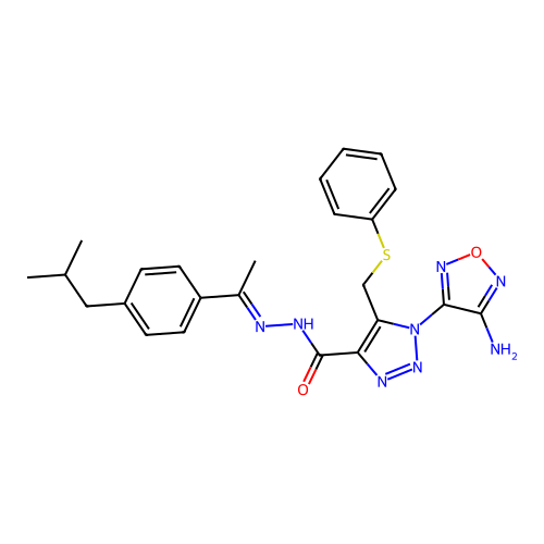 (E)-1-(4-amino-1,2,5-oxadiazol-3-yl)-N'-(1-(4-isobutylphenyl)ethylidene)-5-((phenylthio)methyl)-1H-1,2,3-triazole-4-carbohydrazide structure