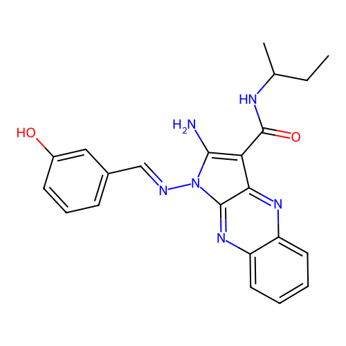 (E)-2-amino-N-(sec-butyl)-1-((3-hydroxybenzylidene)amino)-1H-pyrrolo[2,3-b]quinoxaline-3-carboxamide structure