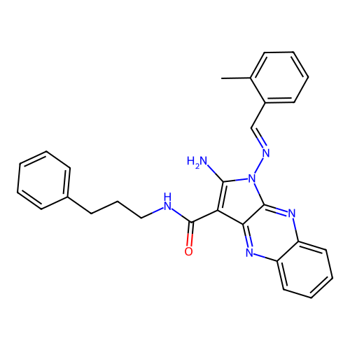 (E)-2-amino-1-((2-methylbenzylidene)amino)-N-(3-phenylpropyl)-1H-pyrrolo[2,3-b]quinoxaline-3-carboxamide structure