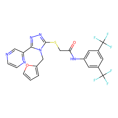 N-(3,5-bis(trifluoromethyl)phenyl)-2-((4-(furan-2-ylmethyl)-5-(pyrazin-2-yl)-4H-1,2,4-triazol-3-yl)thio)acetamide structure