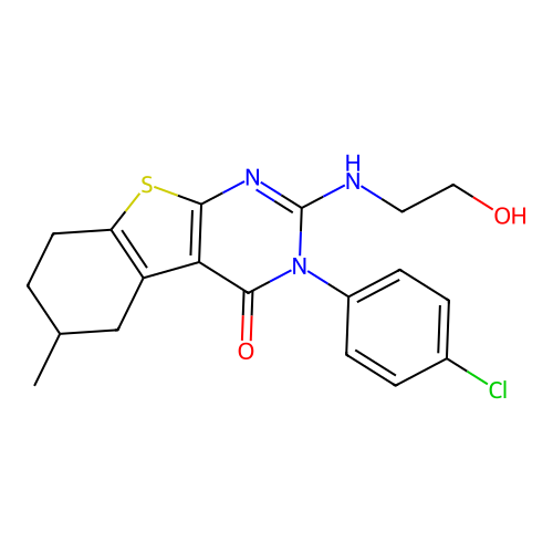 3-(4-chlorophenyl)-2-((2-hydroxyethyl)amino)-6-methyl-5,6,7,8-tetrahydrobenzo[4,5]thieno[2,3-d]pyrimidin-4(3H)-one structure