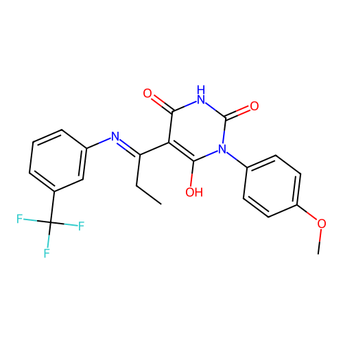 (E)-1-(4-methoxyphenyl)-5-(1-((3-(trifluoromethyl)phenyl)amino)propylidene)pyrimidine-2,4,6(1H,3H,5H)-trione structure