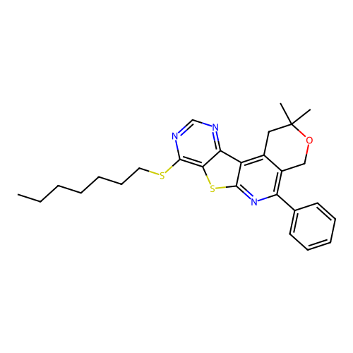 8-(heptylsulfanyl)-2,2-dimethyl-5-phenyl-1,4-dihydro-2H-pyrano[4'',3'':4',5']pyrido[3',2':4,5]thieno[3,2-d]pyrimidine structure
