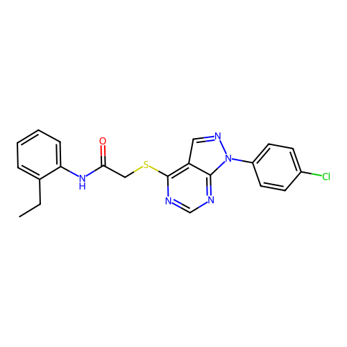 2-((1-(4-chlorophenyl)-1H-pyrazolo[3,4-d]pyrimidin-4-yl)thio)-N-(2-ethylphenyl)acetamide structure