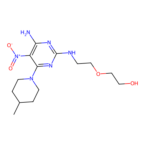 2-(2-((4-amino-6-(4-methylpiperidin-1-yl)-5-nitropyrimidin-2-yl)amino)ethoxy)ethanol structure