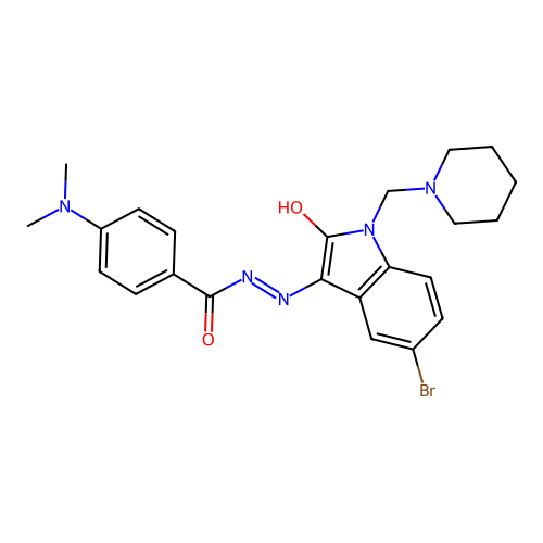 N-[[5-bromo-2-oxo-1-(1-piperidylmethyl)indol-3-ylidene]amino]-4-dimethylamino-benzamide structure