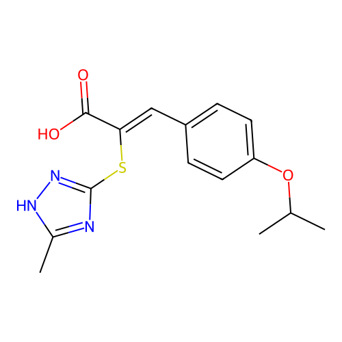 (Z)-3-(4-isopropoxyphenyl)-2-((5-methyl-4H-1,2,4-triazol-3-yl)thio)acrylic acid structure