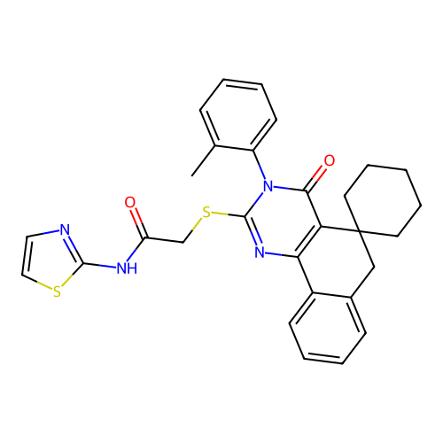 2-((4-oxo-3-(o-tolyl)-4,6-dihydro-3H-spiro[benzo[h]quinazoline-5,1'-cyclohexan]-2-yl)thio)-N-(thiazol-2-yl)acetamide structure