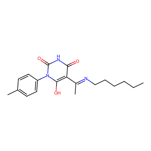 (E)-5-(1-(hexylamino)ethylidene)-1-(p-tolyl)pyrimidine-2,4,6(1H,3H,5H)-trione structure