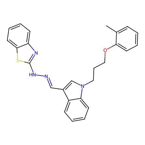 (E)-2-(2-((1-(3-(o-tolyloxy)propyl)-1H-indol-3-yl)methylene)hydrazinyl)benzo[d]thiazole structure