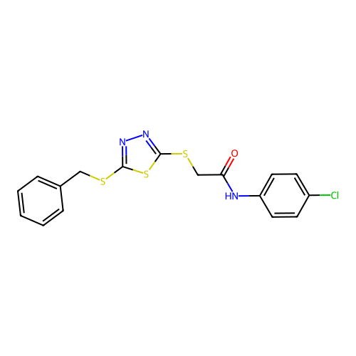 2-{[5-(benzylsulfanyl)-1,3,4-thiadiazol-2-yl]sulfanyl}-N-(4-chlorophenyl)acetamide structure