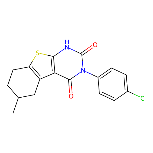 3-(4-chlorophenyl)-6-methyl-5,6,7,8-tetrahydrobenzo[4,5]thieno[2,3-d]pyrimidine-2,4(1H,3H)-dione structure