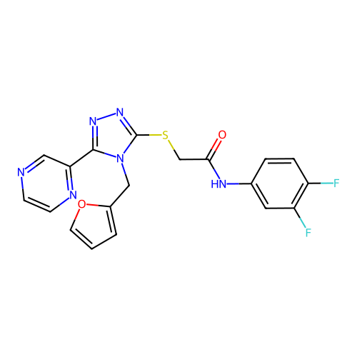 N-(3,4-difluorophenyl)-2-{[4-(furan-2-ylmethyl)-5-(pyrazin-2-yl)-4H-1,2,4-triazol-3-yl]sulfanyl}acetamide structure
