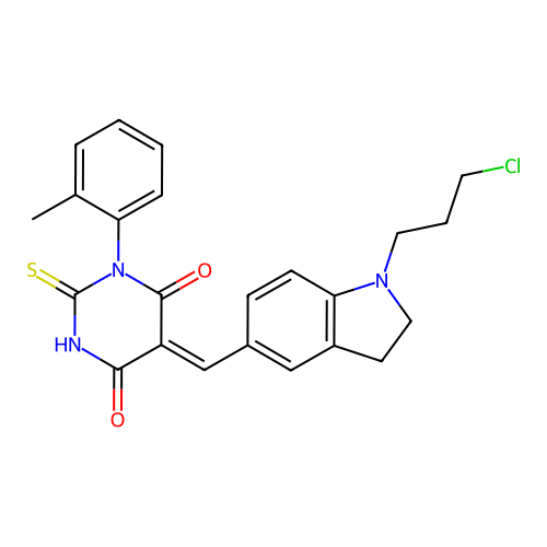 (5Z)-5-[[1-(3-chloropropyl)-2,3-dihydroindol-5-yl]methylidene]-1-(2-methylphenyl)-2-sulfanylidene-1,3-diazinane-4,6-dione structure