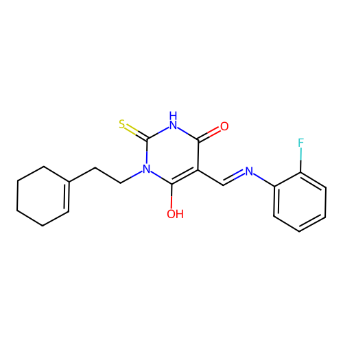 (5E)-1-[2-(cyclohex-1-en-1-yl)ethyl]-5-{[(2-fluorophenyl)amino]methylidene}-2-sulfanylpyrimidine-4,6(1H,5H)-dione structure