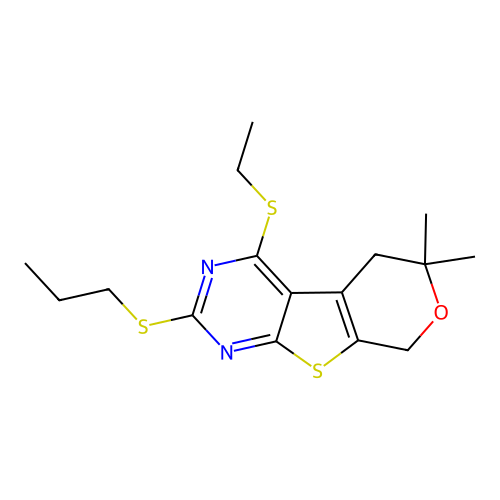4-(ethylsulfanyl)-6,6-dimethyl-2-(propylsulfanyl)-5,8-dihydro-6H-pyrano[4',3':4,5]thieno[2,3-d]pyrimidine structure