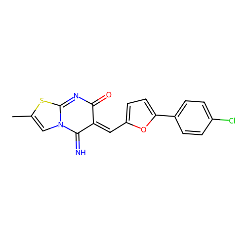 (Z)-6-((5-(4-chlorophenyl)furan-2-yl)methylene)-5-imino-2-methyl-5H-thiazolo[3,2-a]pyrimidin-7(6H)-one structure