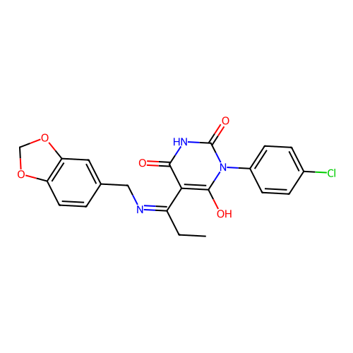 (E)-5-(1-((benzo[d][1,3]dioxol-5-ylmethyl)amino)propylidene)-1-(4-chlorophenyl)pyrimidine-2,4,6(1H,3H,5H)-trione structure
