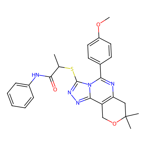 2-((5-(4-methoxyphenyl)-8,8-dimethyl-8,10-dihydro-7H-pyrano[3,4-e][1,2,4]triazolo[4,3-c]pyrimidin-3-yl)thio)-N-phenylpropanamide structure
