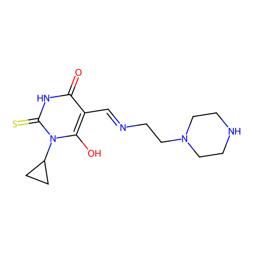 1-cyclopropyl-5-[(2-piperazin-1-ylethylamino)methylidene]-2-sulfanylidene-1,3-diazinane-4,6-dione structure