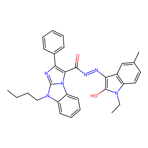(E)-9-butyl-N'-(1-ethyl-5-methyl-2-oxoindolin-3-ylidene)-2-phenyl-9H-benzo[d]imidazo[1,2-a]imidazole-3-carbohydrazide structure