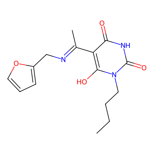 (Z)-1-butyl-5-(1-((furan-2-ylmethyl)amino)ethylidene)pyrimidine-2,4,6(1H,3H,5H)-trione structure