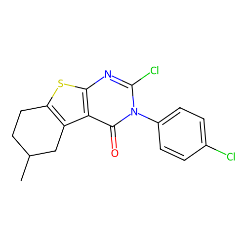 2-chloro-3-(4-chlorophenyl)-6-methyl-5,6,7,8-tetrahydro-[1]benzothiolo[2,3-d]pyrimidin-4-one structure